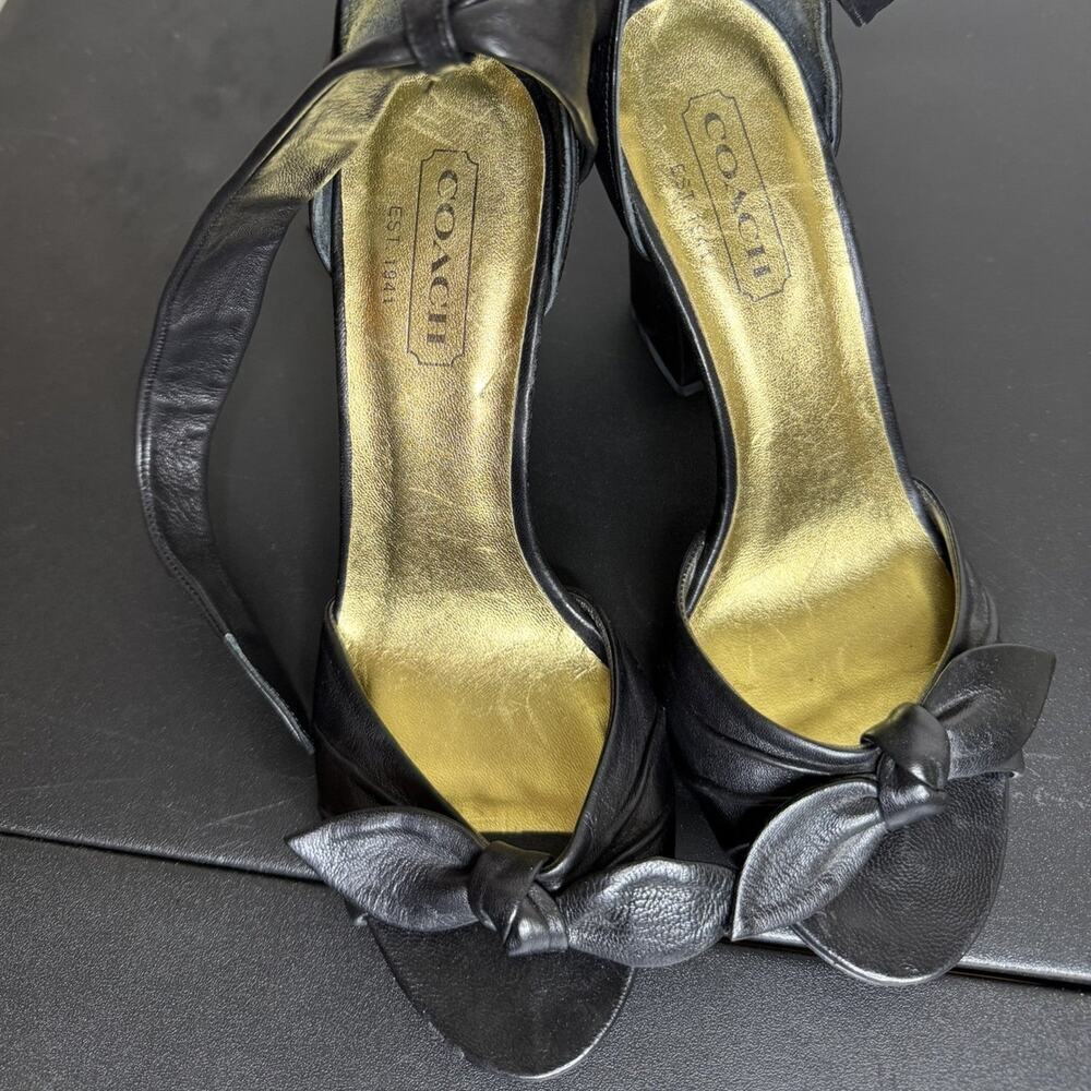 Coach Black Leather Peep-Toe Heels, Ankle Tie, 3.5" Block Heel, Size 6B - Picture 6 of 9